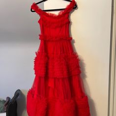 Bright Red Beautiful Classy Dress. Nice To Wear To Weddings Or Special Events. Great For Any Season. Red Ruffled Evening Dress For Wedding, Red Ruffled Wedding Gown, Red Ruffled Evening Dress For Red Carpet, Red Ruffled Dress For Wedding, Red Wedding Dress With Ruffles, Red Wedding Guest Dress, Red Wedding Guest Dresses, Sister Jane, Sisters Dress