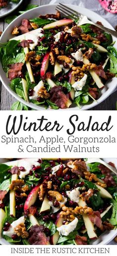 winter salad with spinach, apple, gorgonzolo and candied walnuts