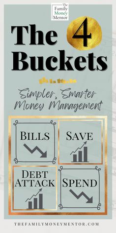 the 4 buckets for money management with gold and black text on it, in front of