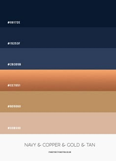 the color scheme for navy and copper is shown in three different colors, including blue, brown