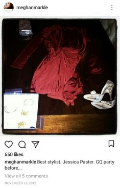 a red dress and shoes are on the table next to a card that says megamarke best stylist jesica paster go party before