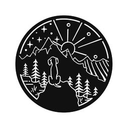 a black and white circle with trees, mountains and stars