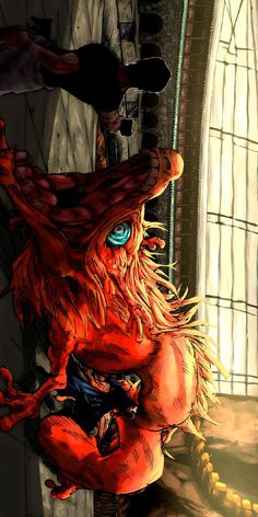 an illustration of a demon with blue eyes and long hair, standing in front of a window