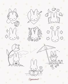 an image of some bunny stickers on a white sheet with stars and clouds in the background