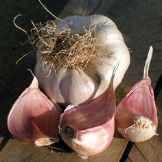 three garlic cloves sitting next to each other