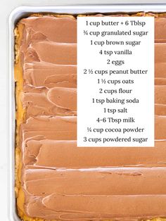 A pan of lunch lady peanut butter bars with ingredients listed. Peanut Butter Oatmeal Cookies, Easy Pie, Homemade Donuts, Peanut Butter Bars, 30 Minute Meals, Chocolate Frosting, Best Dessert Recipes, Key Lime