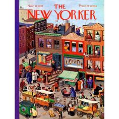 the new yorker magazine cover with people walking around and cars parked on the street