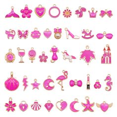 a collection of pink and gold charms on a white background with clippings for text