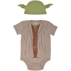 a baby yoda outfit with a green hat on top and an infant yoda bodysuit