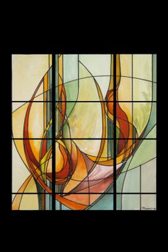 a stained glass window with abstract designs on it