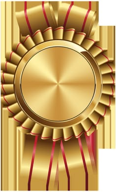 a gold award medal with red ribbon around it