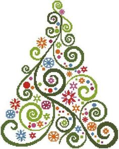 a cross stitch christmas tree with swirls and snowflakes