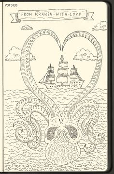 an octopus is in the shape of a heart with two ships on it's side