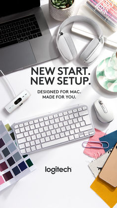 a computer keyboard, mouse and headphones on a desk with the text new start new setup designed for mac made for you