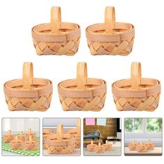 four wooden baskets with handles on each side