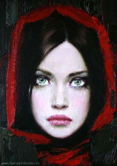 a painting of a woman with blue eyes and a red scarf over her head is shown