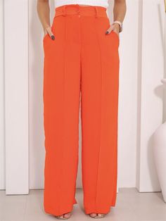 Laranja Casual,elegante Collar    Perna Larga Embellished Não elástico Orange Formal Bottoms For Spring, Chic Plain Bottoms, Womens Bottoms, Pants For Women, Collar, Clothes For Women, Pants, Clothes, Trousers