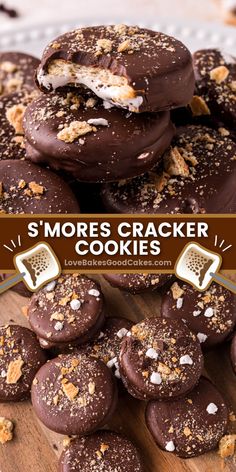 chocolate covered cookies are stacked on top of each other and topped with sea salt in the middle