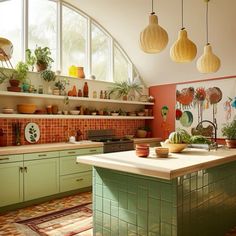 a kitchen filled with lots of green cabinets