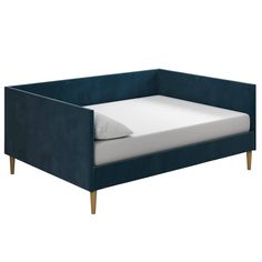 a blue couch with a white pillow on it's back and wooden legs, against a white background