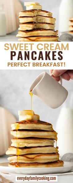 pancakes are stacked on top of each other with syrup being poured over them