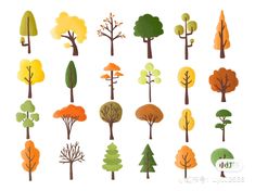 an assortment of trees painted with watercolors