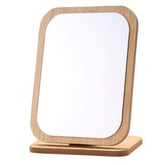 a wooden stand with a mirror on it