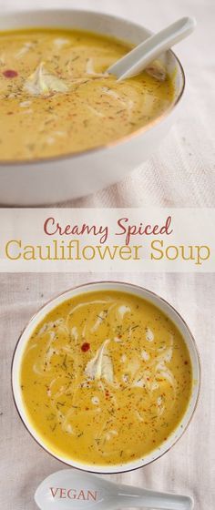 creamy spiced cauliflower soup in a white bowl