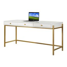 a white desk with gold legs and a laptop on it's top, against a white background