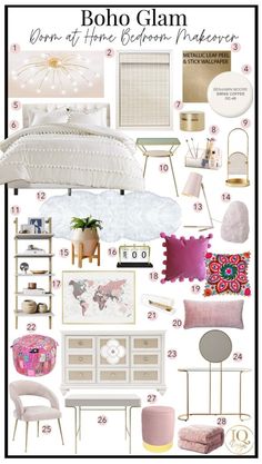 a collage of pink and white bedroom decor with text that reads boho glam