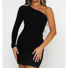 Summer Time Mini Dress Black New With Tags Black One Sleeve Dress, One-sleeve Black Mini Dress For Summer, White Fox Dress, White Fox Black Dress, Flattering Black V-neck Mini Dress, Beach-ready Stretch Black Mini Dress, Pink Print Dress, Fox Dress, One Sleeve Dress