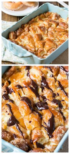 two pictures showing different types of bread with chocolate drizzled on top and in the bottom