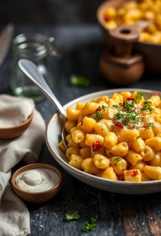 a bowl filled with macaroni and cheese on top of a table next to other dishes