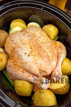 a whole chicken and potatoes in a slow cooker