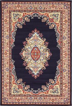 a blue rug with an ornate design on the center and sides, in various colors