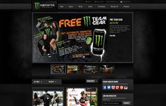 the website for monster energy is displayed in black and green colors, with an image of two