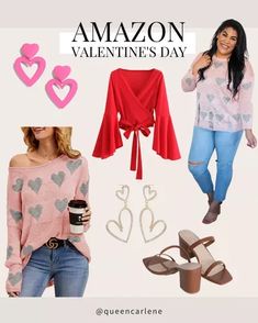 These Valentine's Day outfit essentials are great for the office, school, or just everyday! Shop these heart pattern sweaters, heart shaped earrings, block heels, and romantic blouses through my shopfront above, and follow me here on Pinterest for more affordable Amazon fashion finds for Valentine's Day and more. Simple Winter Style, Simple Winter Fashion, Pattern Sweaters, Winter Style Inspiration, Outfit Essentials