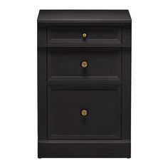 black nightstand with two drawers and brass pulls on the bottom, against a white background