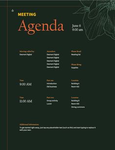 a black and white poster with flowers on it's side, including the words meeting agenda