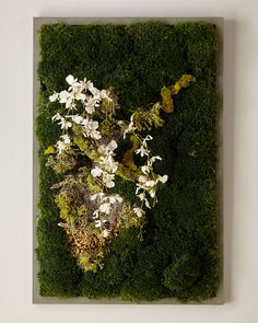 an arrangement of moss and white flowers in a square frame on the wall above it