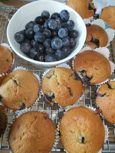 muffins and blueberries are on a cooling rack next to a bowl of fruit