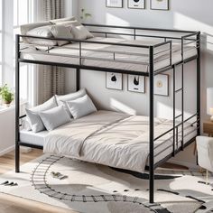 a metal bunk bed with white sheets and pillows in a small room next to a window