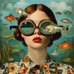 a painting of a woman with fish on her face and goggles over her eyes