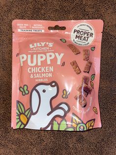 a bag of puppy chicken and salmon treats