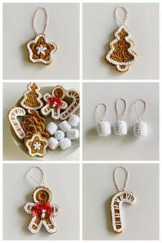 crochet christmas ornaments are shown in four different pictures, including one with a gingerbread ornament