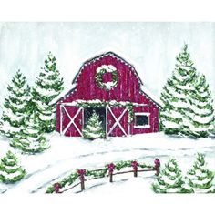 a painting of a red barn in the snow with wreaths on it's roof