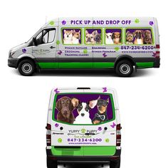 the van has dogs on it's side and is advertising puppies for their owners