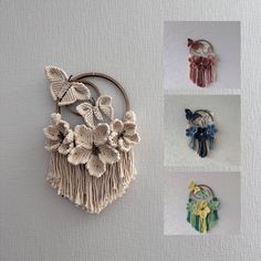 three different types of handmade items hanging on a wall