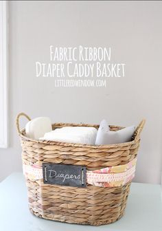 a wicker basket with labels on it