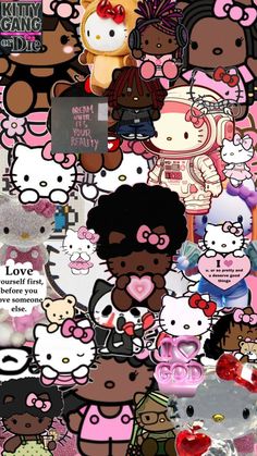 a collage of hello kitty and other cartoon characters with hearts on their chests